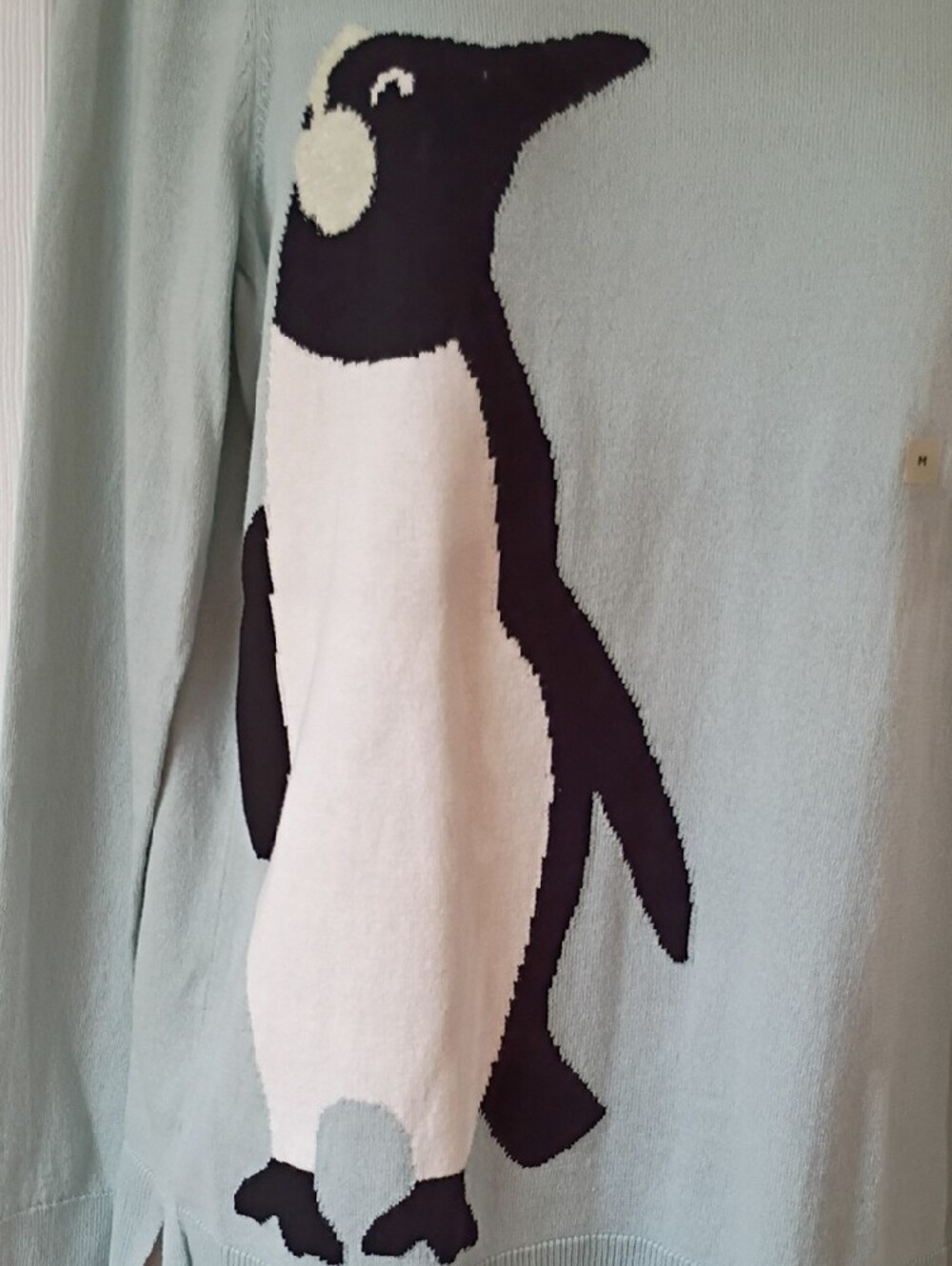 LOFT Mint Green Cotton Sweater with Black and White Penguin Size M - Picture 2 of 10
